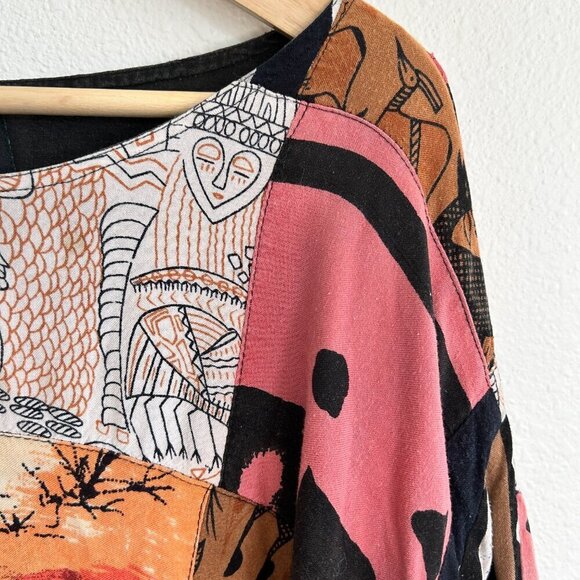 Ashro Top Ethnic Patchwork 3/4 Bat Sleeve Shirt Dbl Cloth Rayon Cotton - Picture 2 of 10